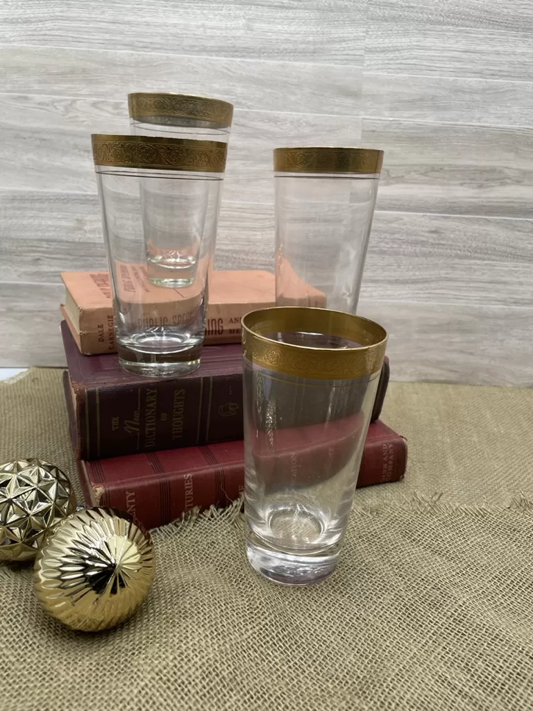 Vintage bar decor for him. Highball glasses 22K gold rim Glastonbury glasses, vintage Christmas gift for boyfriend, gift for husband for Christmas, gift for him