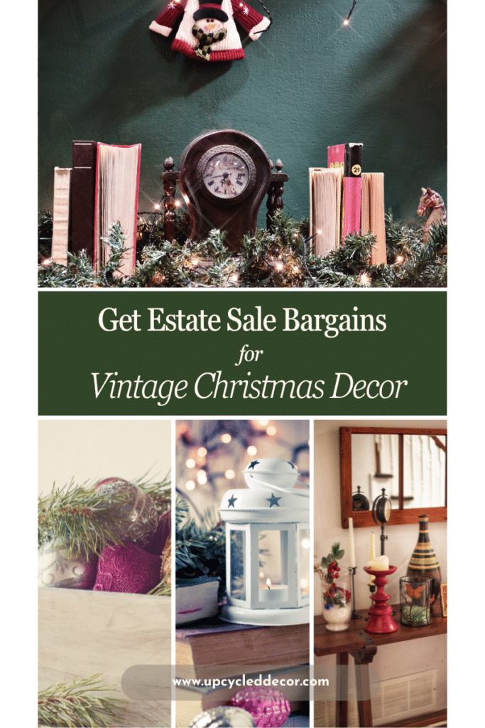 Get Estate Sale Bargains for Vintage Christmas Decor, vintage home decor, vintage clock, vintage books with Christmas decor, Christmas garland and candles