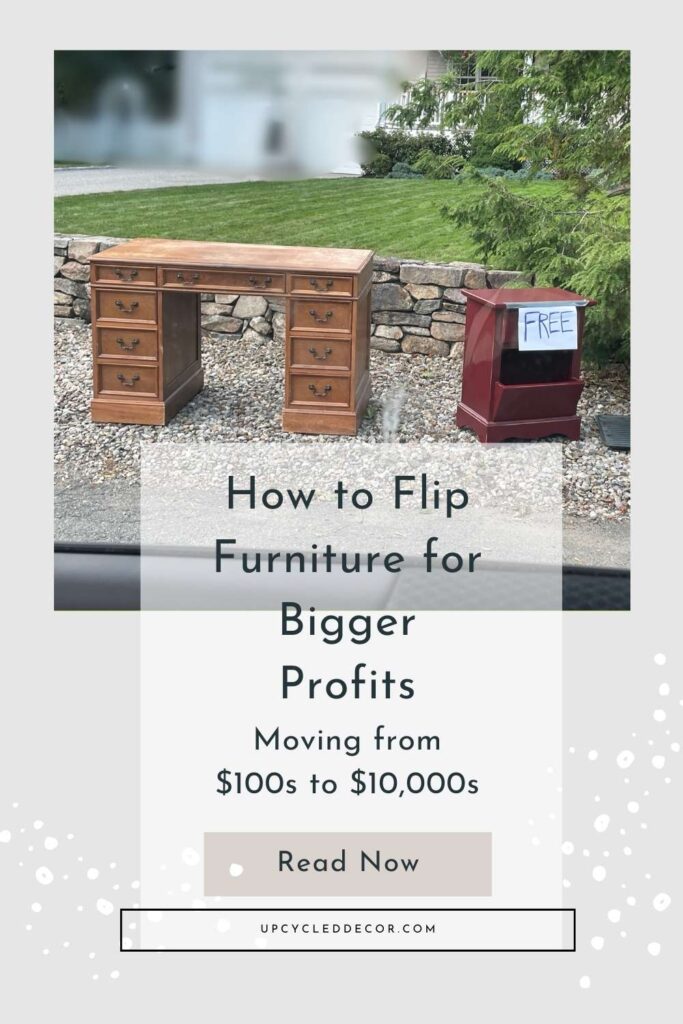 desk and nightstand on the street with a free sign on the nightstand. curbside find furniture free for flipping business