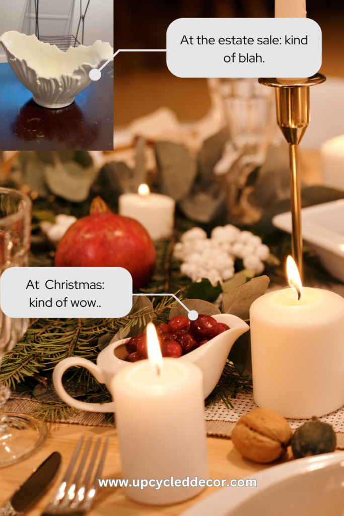 White Lenox Bowl gravy boat with a photo of white gravy boat in Christmas table setting with gold candleholder and white candles and holly. Example of white vintage decor used in Christmas decor ideas.