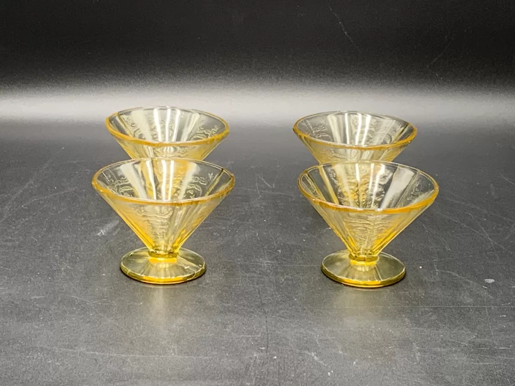 vintage yellow depression glass sherbert bowls for a vintage Thanksgiving tablescape idea