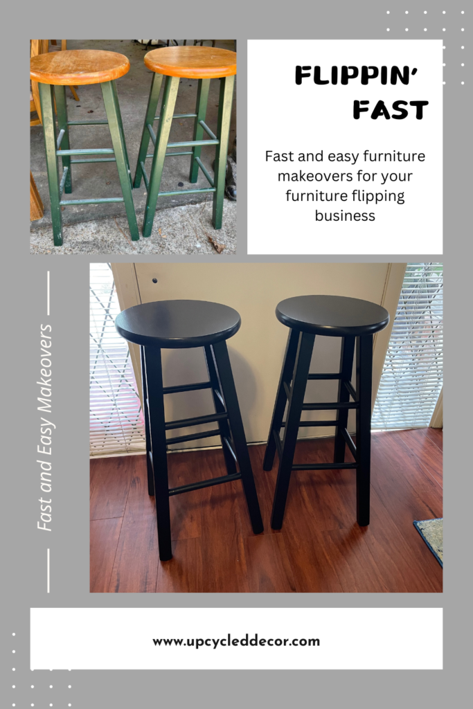 Green and Brown barstools and same barstools painted solid black, fast and easy furniture makeover