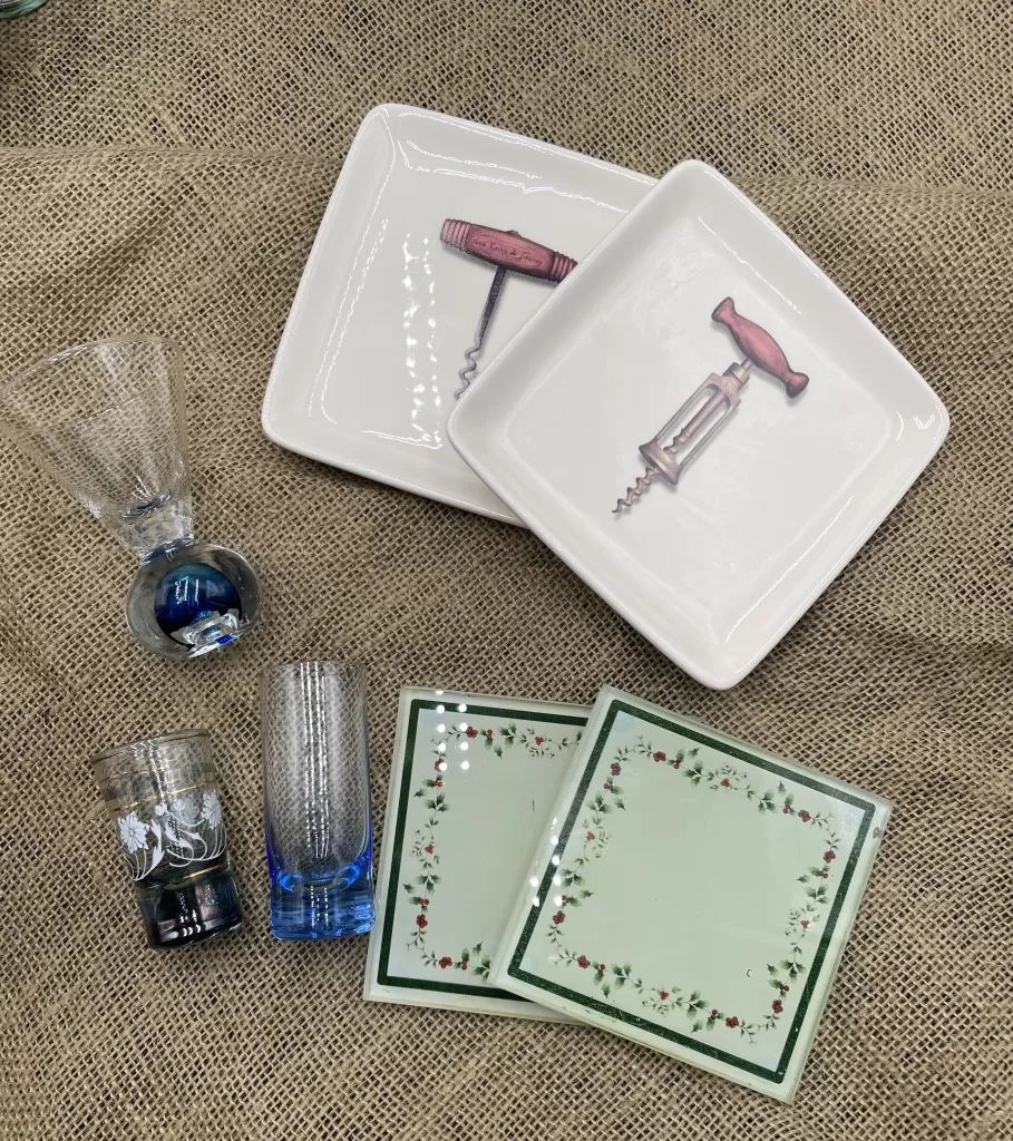 Vintage Stocking Stuffer ideas, vintage barware shot glasses, coasters with corkscrews, cottagecore glass coasters