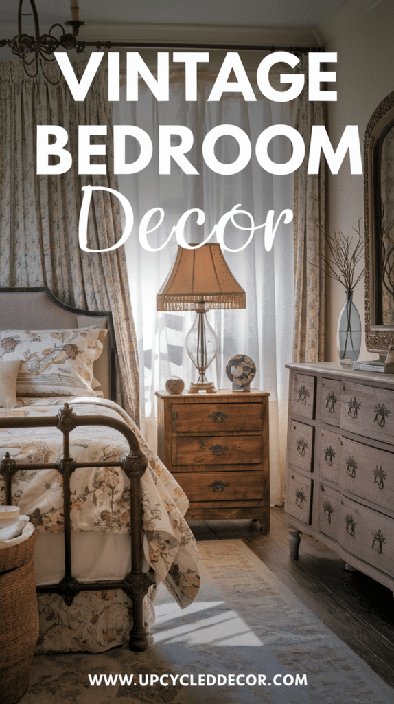 vintage bedroom decor ideas, wrought iron bed frame, floral bed linens, vintage table lamp with fringed shade, weathered dresser