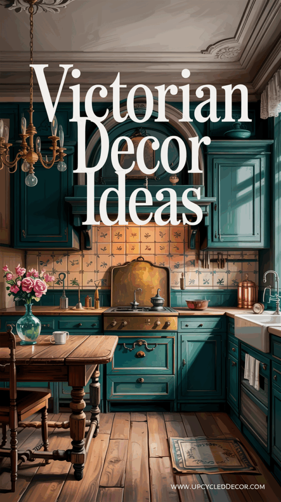 Victorian kitchen in green cabinets and gold stove top with a distressed table.