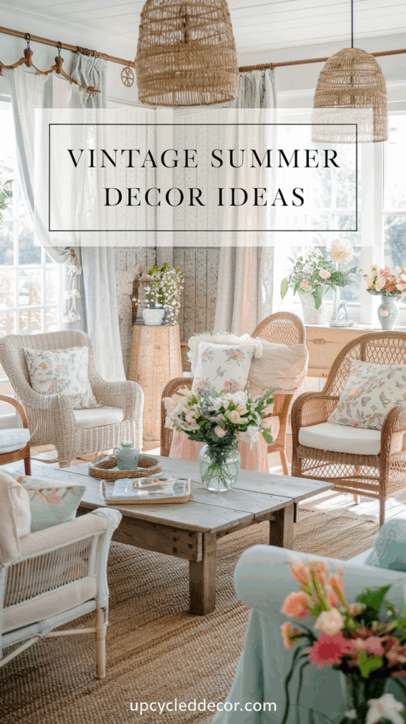 Vintage Summer Decor Ideas, summer living room wicker chairs, rattan lamps summer home decor aesthetic
