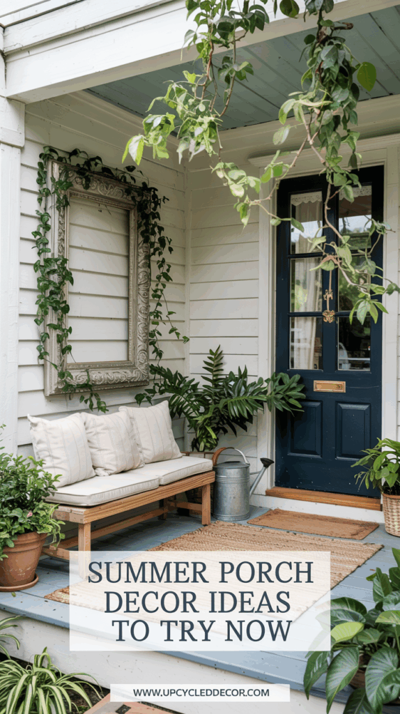 summer porch ideas, bench with cushions, outdoor jute rug, climbers over an old picture frame, greenery and blue front door