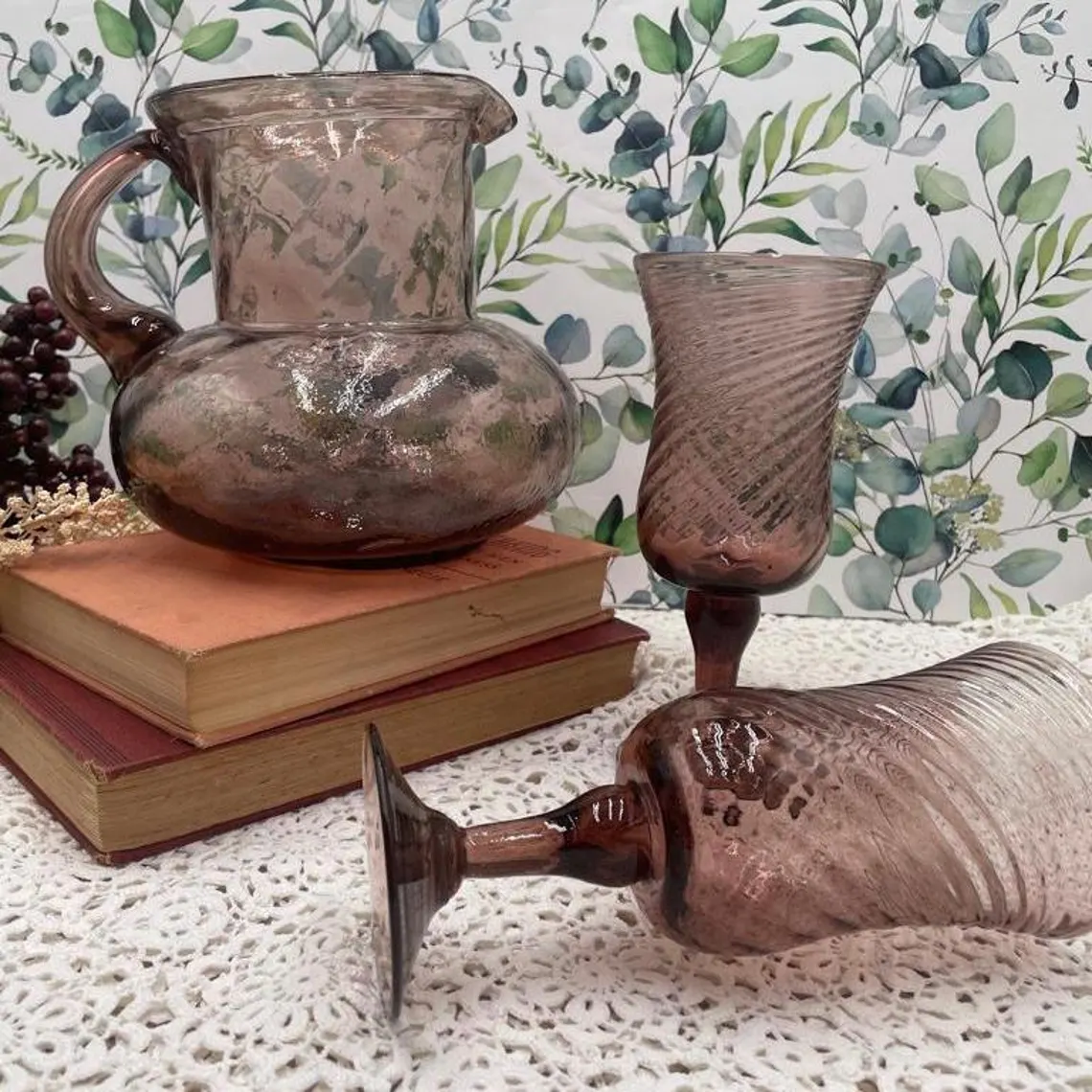 Vintage Purple Glass Pitcher and Goblets