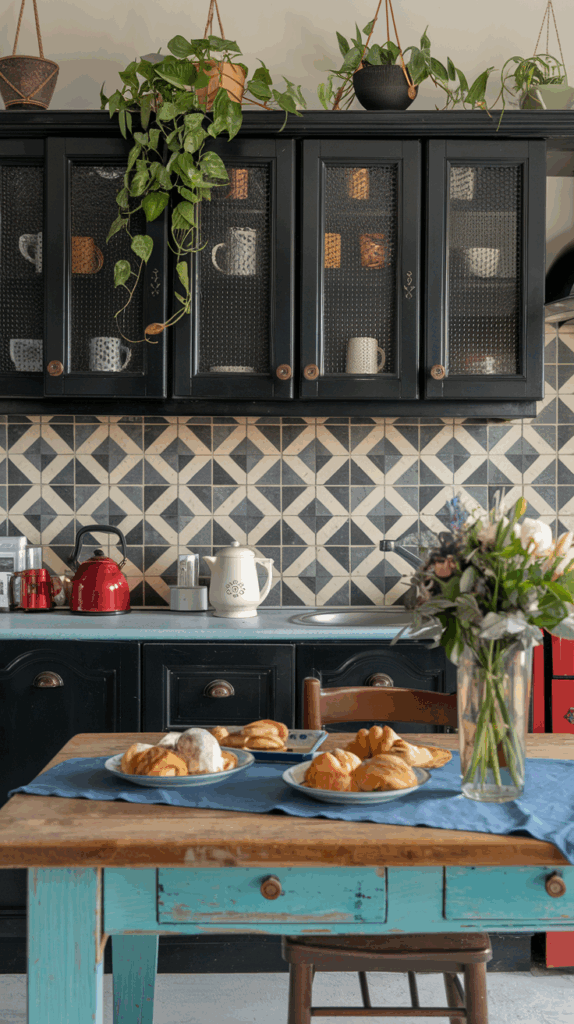 Boho kitchen decor with distressed island table pastries blue countertop, black cabinets