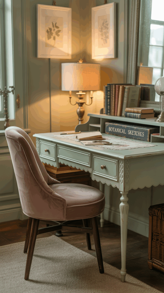 vintage cottagecore home office green wood desk pale purple velvet desk chair brass vintage desk lamp