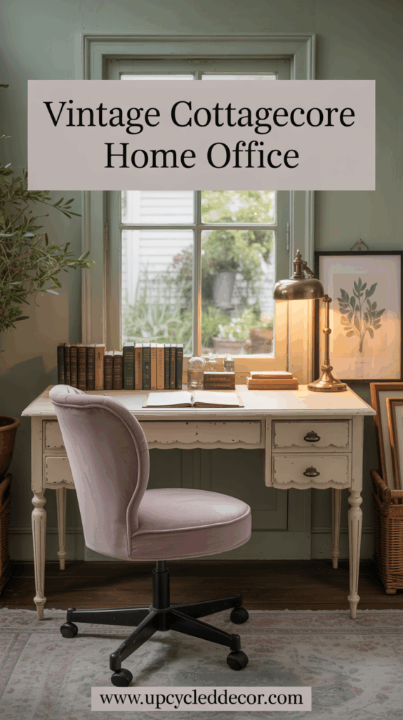 vintage cottagecore home office ideas velvet desk chair vintage desk brass lamp vintage books