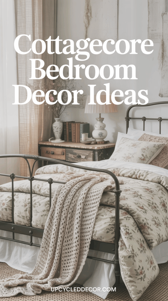 cottagecore bedroom decor ideas vintage nightstand and iron bed frame with vintage floral bed linens