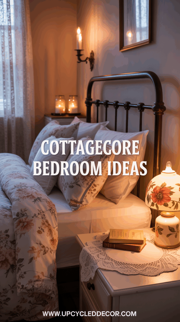 Cottagecore bedroom decor ideas, iron headboard, vintage lamp and floral linens
