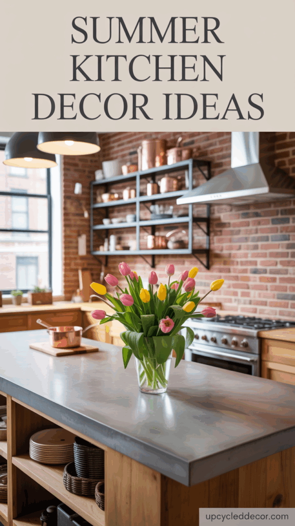 summer kitchen decor industrial style, loft kitchen, brick wall tulips and copper pots