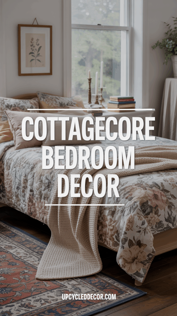 cottage core bedroom decor ideas, floral textiles vintage books