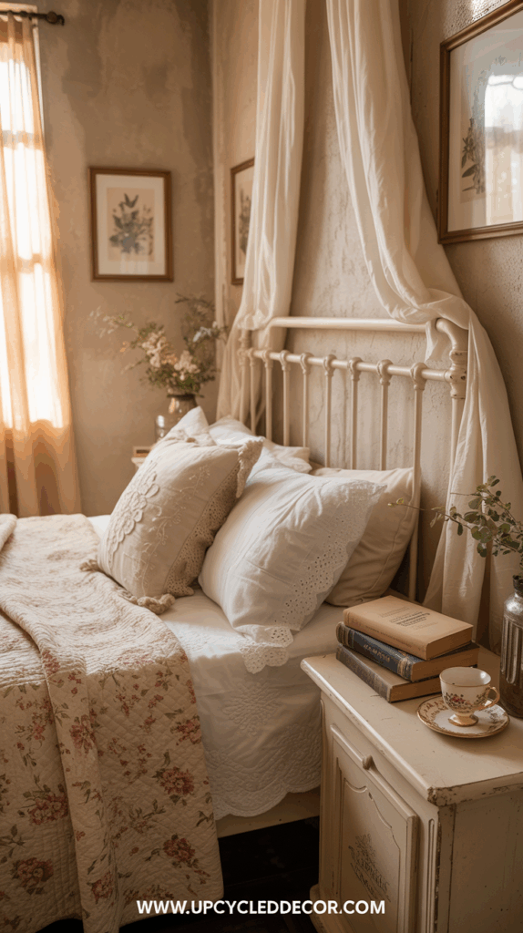 Cottagecore bedroom iron bed frame and soft cutains. Vintage books and tea cup.