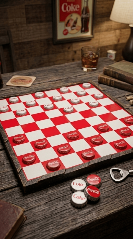 coca cola game board vintage gift idea, red and white checkerboard with Coca-Cola caps in red and white as game pieces